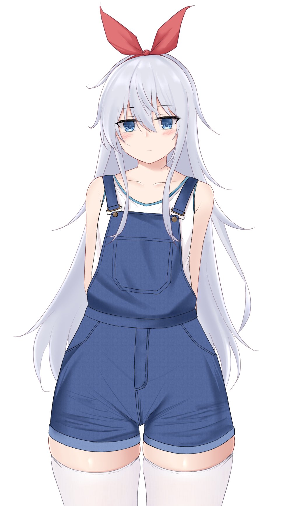 1girl 88942731ne alternate_costume arms_behind_back blue_eyes blue_overalls commentary_request cowboy_shot hair_ribbon hibiki_(kancolle) highres kantai_collection long_hair overall_shorts overalls red_ribbon ribbon simple_background solo standing tank_top thigh-highs white_background white_hair white_legwear