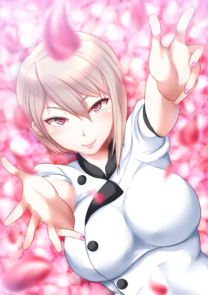 1girl breasts chef_uniform flower_bed hair_between_eyes large_breasts looking_at_viewer nail_polish nakiri_alice outstretched_arms petals pink_nails reaching_out red_eyes shokugeki_no_souma short_hair short_sleeves silver_hair smile solo upper_body yottan