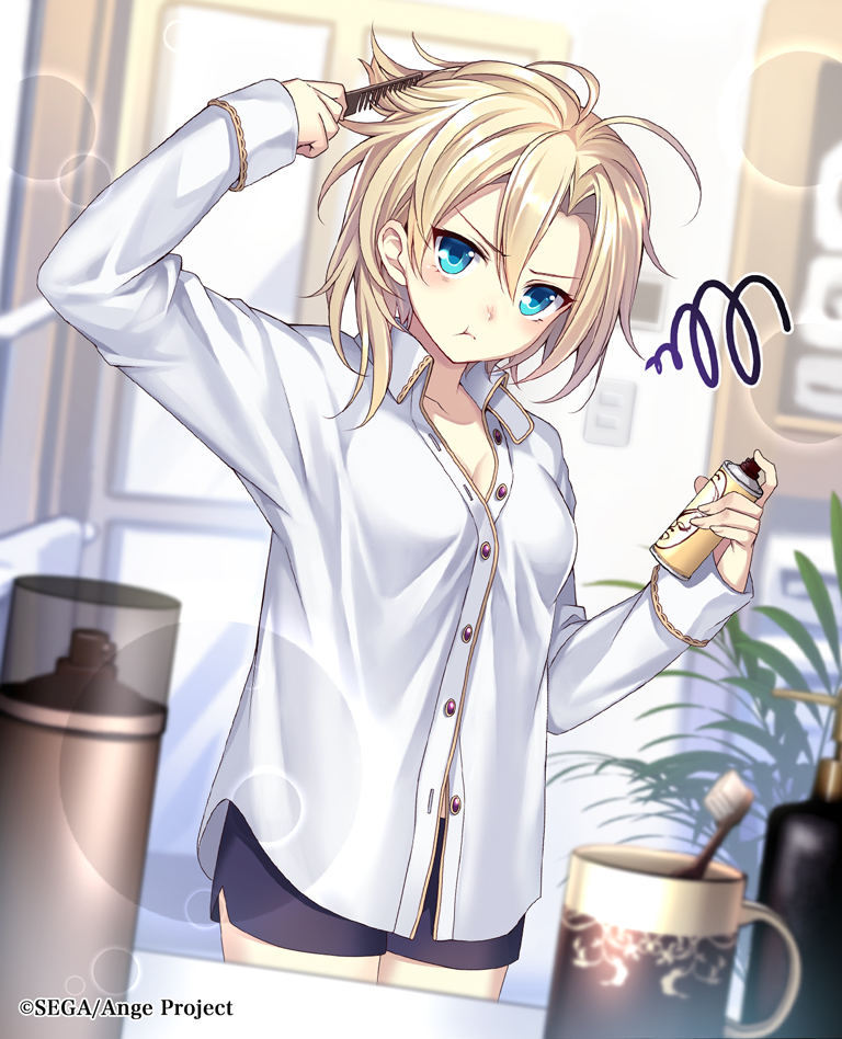 1girl ange_vierge blonde_hair blue_eyes breasts cleavage closed_mouth collarbone comb combing company_name copyright_name eyebrows_visible_through_hair hair_spray hayamiya looking_at_viewer medium_breasts official_art pout short_hair solo standing toothbrush
