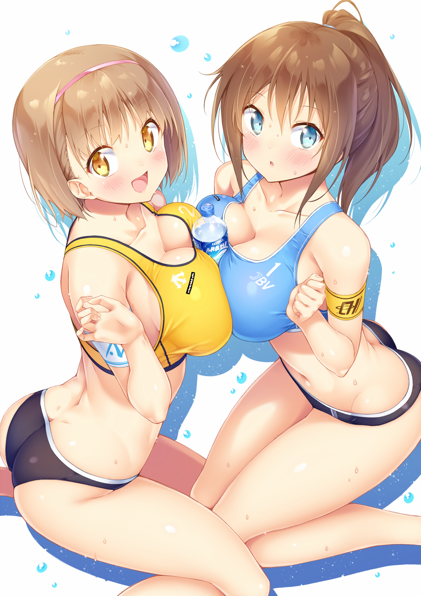 2girls :d :o armband ass bangs between_breasts blue_eyes blush bottle breast_press breasts brown_hair buruma butt_crack cleavage collarbone dimples_of_venus eyebrows_visible_through_hair hairband hands_up highres ichi_makoto kneeling large_breasts long_hair looking_at_viewer multiple_girls open_mouth original parted_lips ponytail short_hair sidelocks silhouette smile sports_bikini sports_bra sweat symmetrical_docking thighs vleavage water_bottle water_drop yellow_eyes