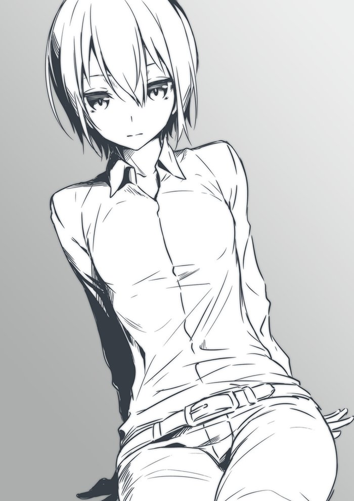 1girl androgynous belt denim hair_between_eyes jeans kino kino_no_tabi looking_at_viewer monochrome nilitsu pants shirt short_hair simple_background sitting solo tomboy