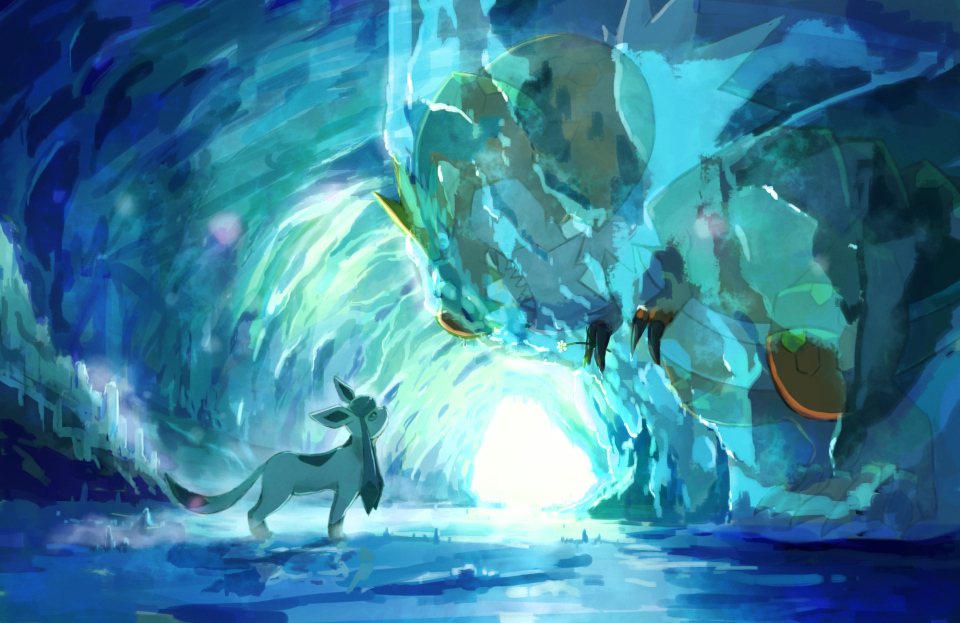 cave commentary_request day from_side frozen glaceon ice kamemaru looking_at_another looking_down looking_up no_humans pokemon profile sharp_teeth standing teeth tyrantrum