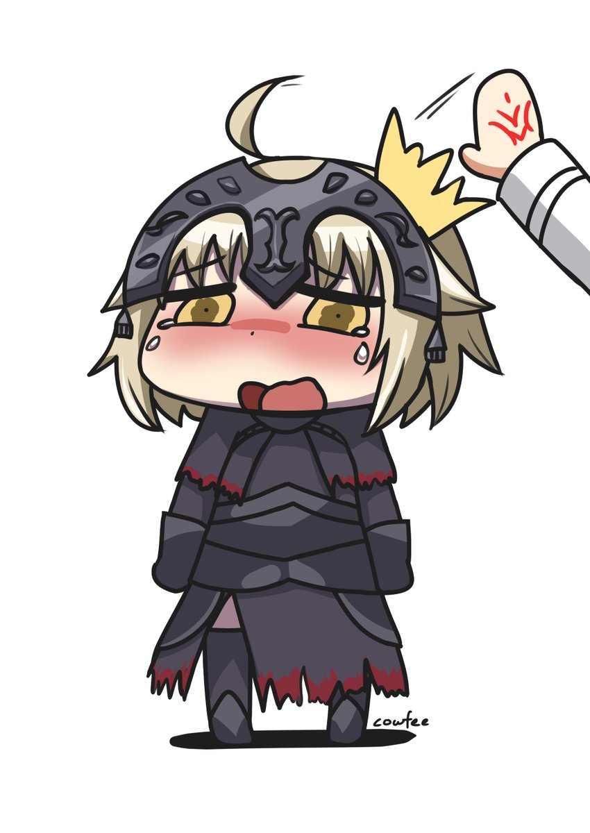 2girls ahoge armor bangs black_dress blonde_hair blush chibi command_spell crying diadem dress eyebrows_visible_through_hair fate_(series) fujimaru_ritsuka_(female) full_body gauntlets hand_on_another's_head highres hitting jacket jeanne_alter kaafi long_sleeves multiple_girls open_mouth out_of_frame riyo_(lyomsnpmp)_(style) ruler_(fate/apocrypha) sad short_hair signature simple_background solo_focus standing tearing_up tears thigh-highs white_background white_jacket yellow_eyes