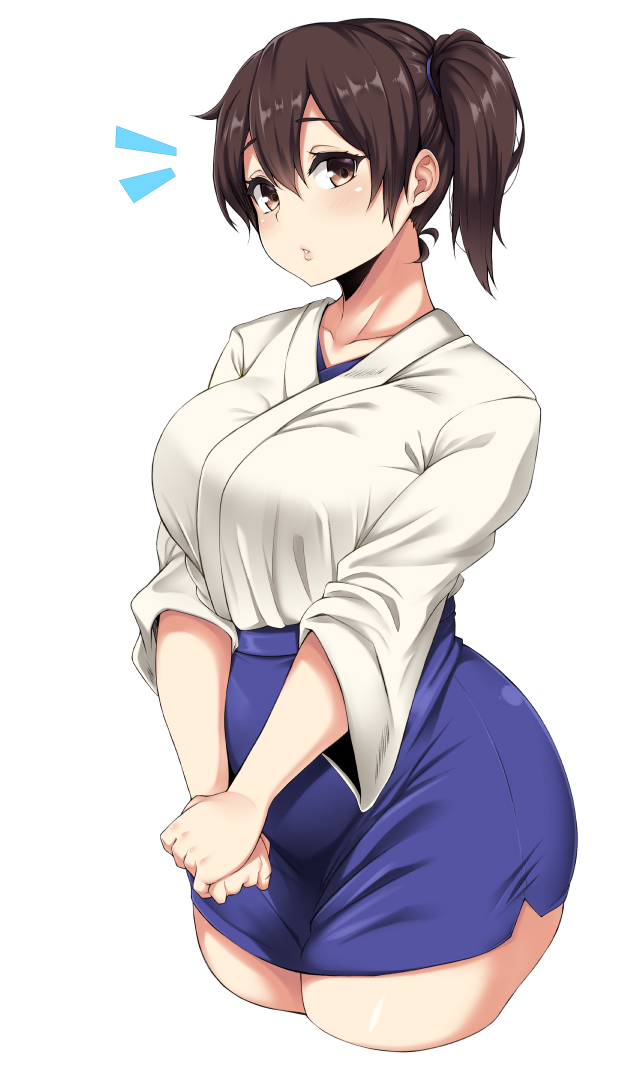 1girl breasts brown_hair collarbone hips kantai_collection large_breasts looking_at_viewer moisture_(chichi) parted_lips raised_eyebrows short_hair side_ponytail simple_background solo surprised thick_thighs thighs v_arms white_background wide_hips