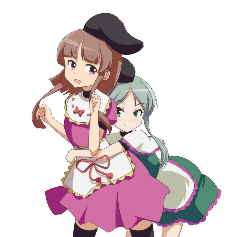 2girls apron aqua_hair arm_around_waist arms_up bending_forward black_legwear brown_hair cato_(monocatienus) cowboy_shot dress eyebrows_visible_through_hair frills green_dress green_eyes hat hug hug_from_behind looking_at_viewer multiple_girls nishida_satono open_mouth pink_dress pink_eyes puffy_short_sleeves puffy_sleeves short_hair short_sleeves sidelocks simple_background smile tate_eboshi teireida_mai thigh-highs touhou waist_apron white_background