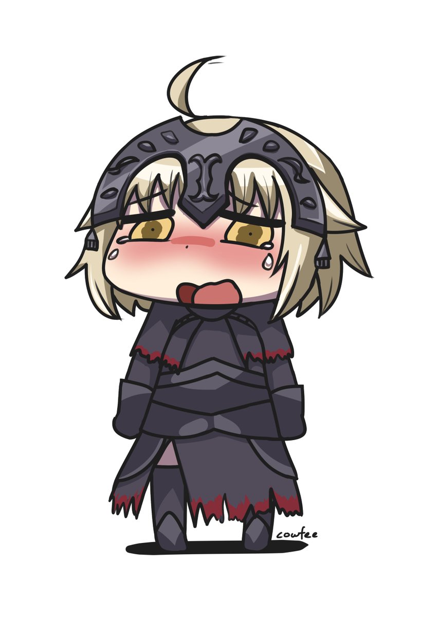 1girl ahoge armor bangs black_dress blonde_hair blush chibi crying diadem dress eyebrows_visible_through_hair fate_(series) full_body gauntlets highres jeanne_alter kaafi long_sleeves open_mouth riyo_(lyomsnpmp)_(style) ruler_(fate/apocrypha) sad short_hair signature simple_background solo standing tearing_up tears thigh-highs white_background yellow_eyes