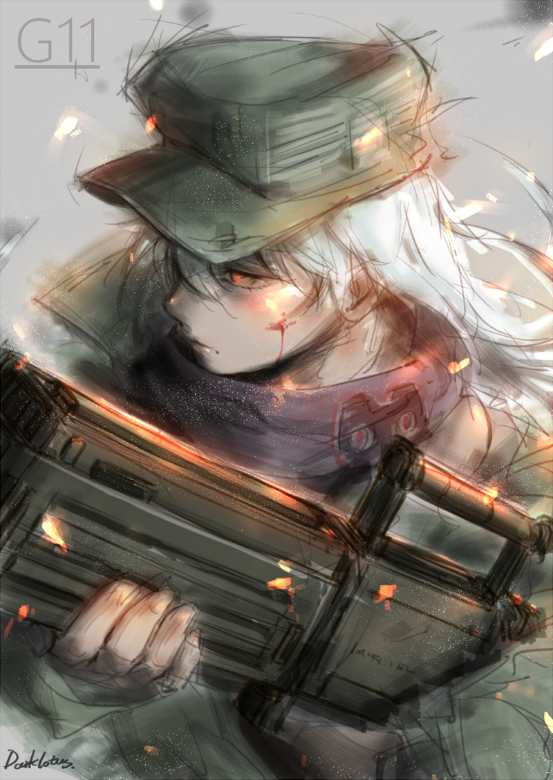1girl assault_rifle blood blood_on_face character_name embers g11 g11_(girls_frontline) girls_frontline glowing glowing_eyes green_hat gun hair_between_eyes hat heckler_&amp;_koch holding holding_gun holding_weapon long_hair looking_to_the_side orange_eyes rifle signature sketch solo upper_body weapon white_hair wind yoruhasu_gekkei