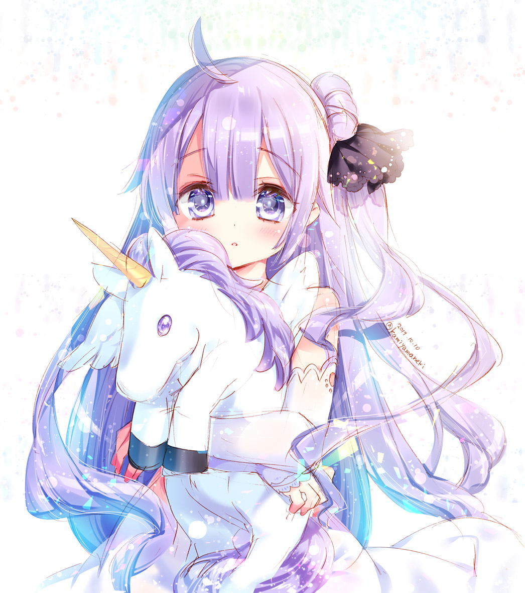 1girl ahoge azur_lane commentary_request dress eyebrows_visible_through_hair hair_ornament kamiya_maneki long_hair looking_at_viewer multicolored_hair object_hug purple_hair side_bun simple_background solo stuffed_animal stuffed_toy unicorn_(azur_lane) violet_eyes white_background