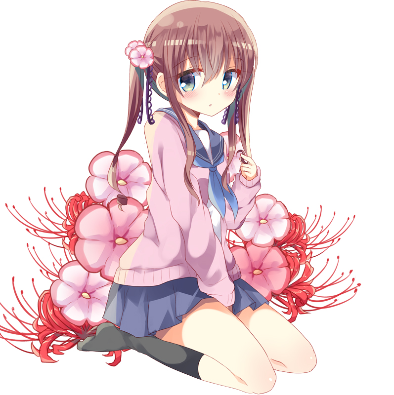 1girl :o bangs between_legs black_legwear blue_eyes blue_neckwear blue_skirt blush character_request commentary_request eyebrows_visible_through_hair flower full_body hair_between_eyes hair_flower hair_ornament hand_between_legs iwaihime kneehighs kuriyuzu_kuryuu long_hair long_sleeves looking_at_viewer miniskirt neckerchief no_shoes parted_lips pink_sweater playing_with_own_hair pleated_skirt school_uniform seiza serafuku sidelocks simple_background sitting skirt sleeves_past_wrists solo spider_lily sweater tareme two_side_up white_background