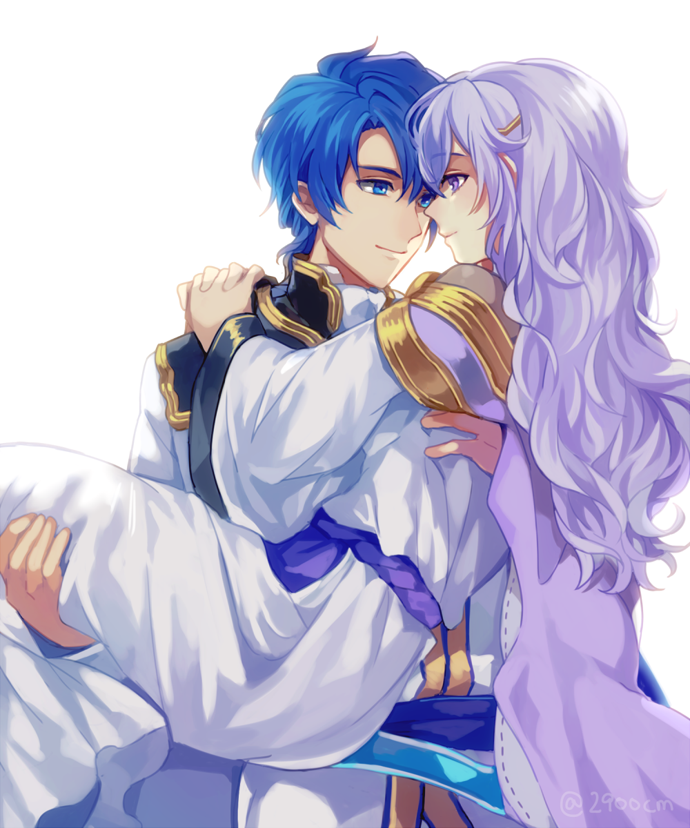 1boy 1girl 2900cm armor bangs blue_eyes blue_hair cape carrying circlet couple cravat diadora_(fire_emblem) dress eye_contact fire_emblem fire_emblem:_seisen_no_keifu hetero highres hug husband_and_wife long_hair looking_at_another princess_carry short_hair sigurd_(fire_emblem) silver_hair smile violet_eyes wavy_hair white_dress