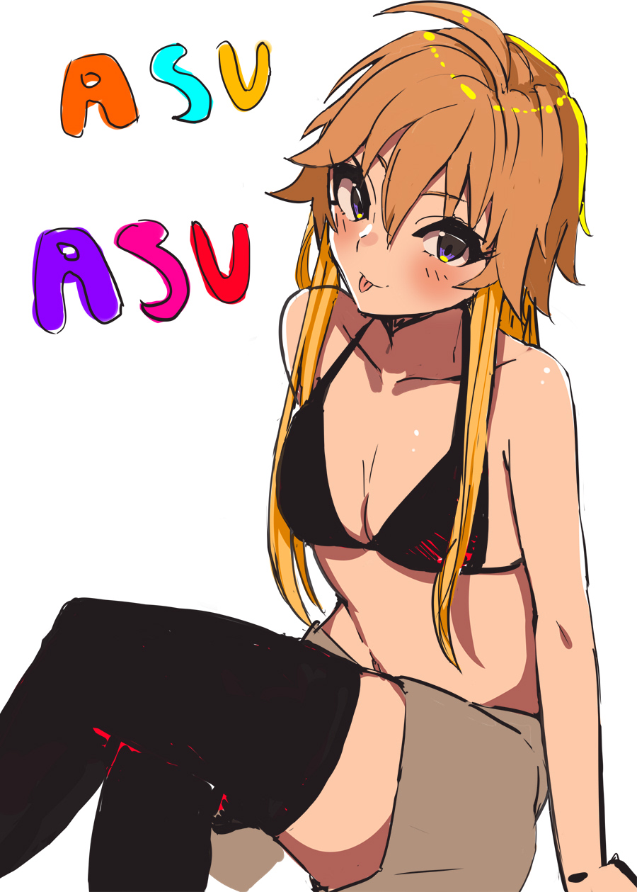 1girl :p asyde bangs bikini bikini_top black_bikini black_bikini_top black_legwear blonde_hair blush breasts brown_hair closed_mouth highlights highres idolmaster idolmaster_cinderella_girls legs_crossed looking_at_viewer multicolored_hair ninomiya_asuka short_hair_with_long_locks shorts simple_background small_breasts smile solo streaked_hair swimsuit thigh-highs tongue tongue_out tsurime violet_eyes white_background