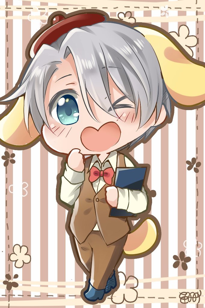 1boy ;d animal_ears big_cat_shan blue_eyes bow bowtie chibi cosplay dog_ears dog_tail heart-shaped_mouth male_focus menu one_eye_closed open_mouth pompompurin pompompurin_(cosplay) sanrio silver_hair smile striped striped_background tail viktor_nikiforov waistcoat waiter yuri!!!_on_ice