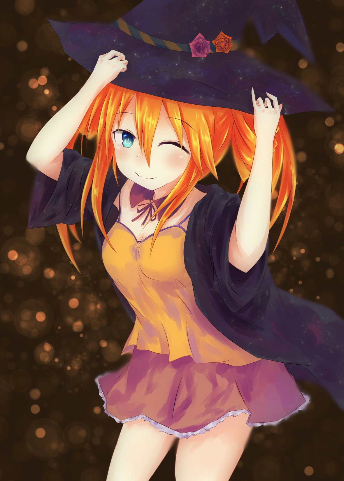 1girl black_cloak blue_eyes blush breasts cleavage flower_ornament hat highres looking_at_viewer neptune_(series) niche-tan one_eye_closed orange_hair orange_heart power_symbol shin_jigen_game_neptune_vii shirt skirt sleeveless sleeveless_shirt smile symbol-shaped_pupils twintails witch_hat yellow_shirt