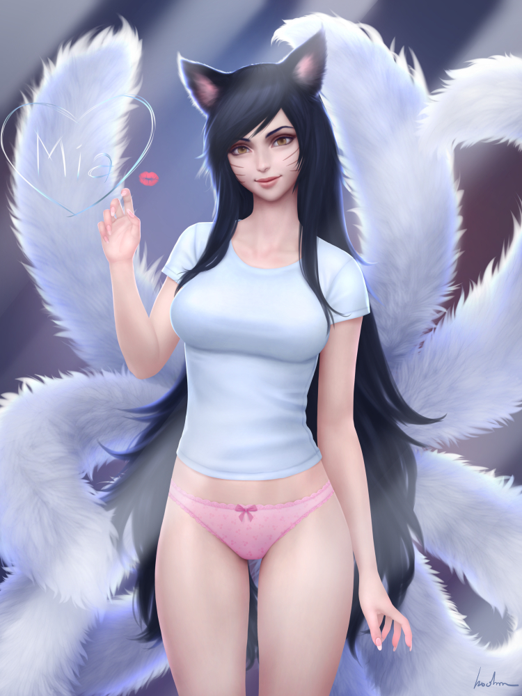1girl ahri animal_ears black_hair bow bow_panties breasts brown_eyes casual fox_ears fox_tail gohpot heart large_breasts league_of_legends lips lipstick_mark long_hair multiple_tails panties pink_panties shirt signature smile solo t-shirt tail underwear very_long_hair whisker_markings