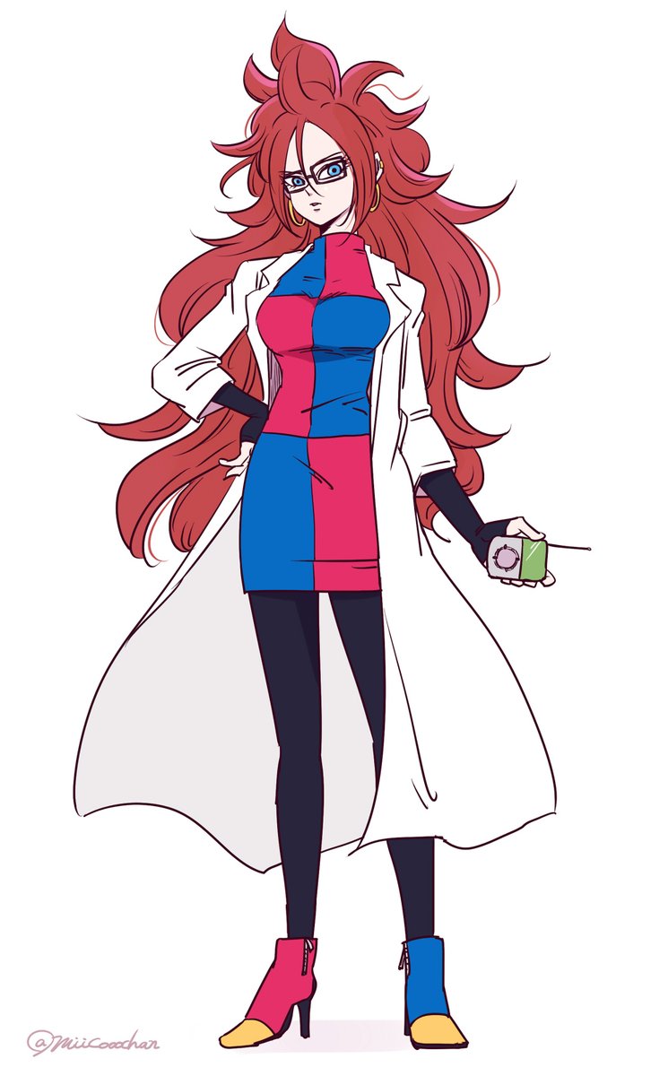 1girl android_21 artist_name black_legwear blue_eyes controller dragon_ball dragon_ball_fighterz dress earrings expressionless full_body glasses hand_on_hip high_heels highres jewelry labcoat long_hair long_sleeves looking_at_viewer miiko_(drops7) multicolored multicolored_boots multicolored_clothes multicolored_dress open_mouth pantyhose redhead signature solo standing turtleneck_dress twitter_username very_long_hair