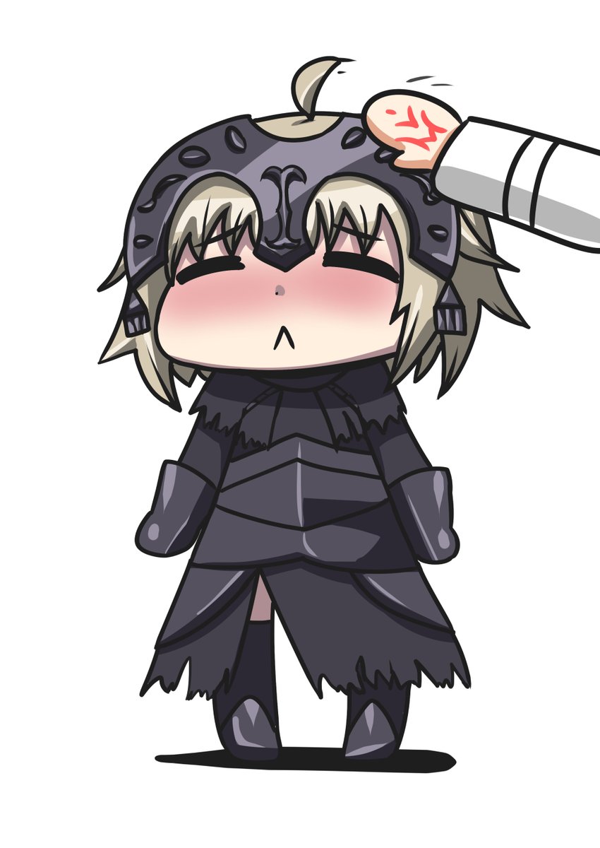2girls :&lt; =_= ahoge armor bangs black_dress blonde_hair blush chibi closed_eyes closed_mouth command_spell diadem dot_nose dress eyebrows_visible_through_hair fate_(series) frown fujimaru_ritsuka_(female) full_body gauntlets hand_on_another's_head highres jacket jeanne_alter kaafi long_sleeves multiple_girls out_of_frame petting riyo_(lyomsnpmp)_(style) ruler_(fate/apocrypha) sad short_hair signature simple_background solo_focus standing thigh-highs white_background white_jacket