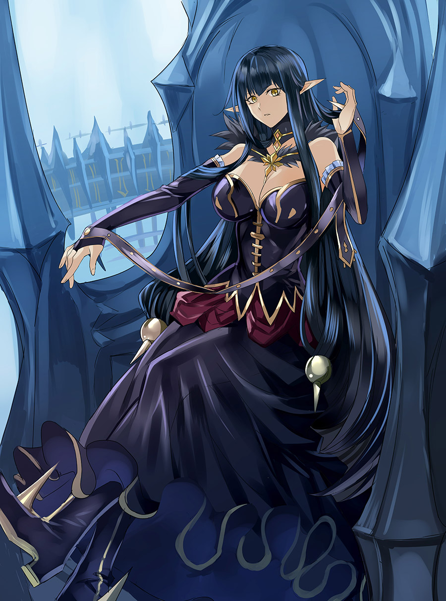 1girl assassin_of_red bare_shoulders black_dress black_hair breasts cleavage detached_sleeves dress fate/apocrypha fate_(series) fur_trim highres large_breasts long_hair looking_at_viewer parted_lips pico_(picollector79) pointy_ears sidelocks sitting solo very_long_hair yellow_eyes