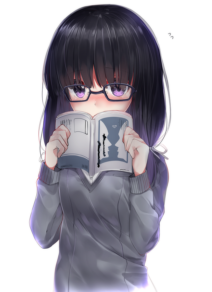 1girl bangs black-framed_eyewear black_hair blush book covering_mouth eyebrows_visible_through_hair flying_sweatdrops glasses hair_ribbon heart holding holding_book long_hair long_sleeves looking_at_viewer neku_(neku_draw) open_book original ribbon simple_background solo sweater twintails upper_body violet_eyes white_background white_ribbon