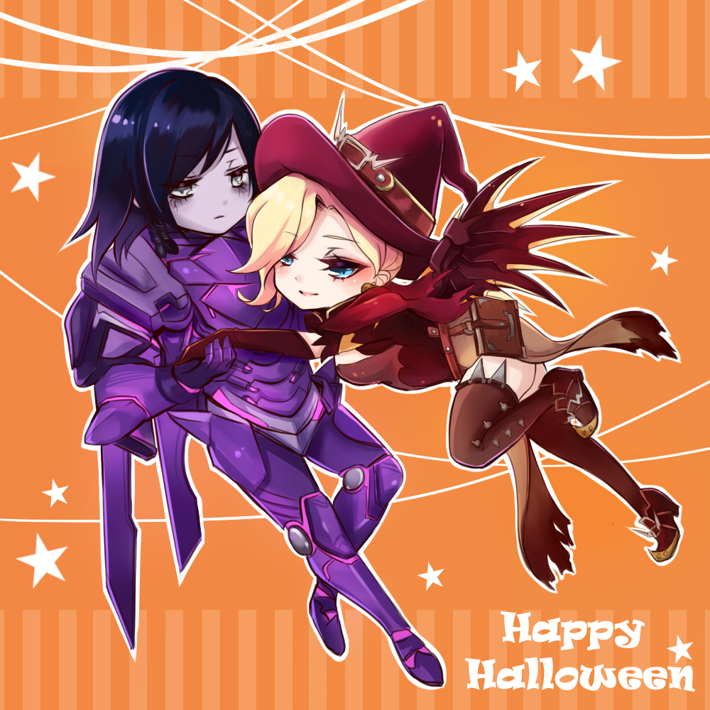 2girls alternate_costume black_hair blonde_hair blue_eyes book breasts brown_eyes brown_gloves capelet chibi earrings elbow_gloves empty_eyes eye_of_horus facial_mark facial_tattoo full_body gloves grey_skin hair_over_one_eye hair_tubes halloween halloween_costume hand_holding happy_halloween hat jack-o'-lantern jack-o'-lantern_earrings jewelry looking_at_another looking_at_viewer m-musume_(catbagel) mechanical_wings medium_breasts mercy_(overwatch) multiple_girls no_headwear no_helmet one_leg_raised orange_background outline overwatch pelvic_curtain pharah_(overwatch) possessed_pharah power_armor short_sleeves side_braids star tattoo thigh-highs wings witch witch_hat witch_mercy yuri