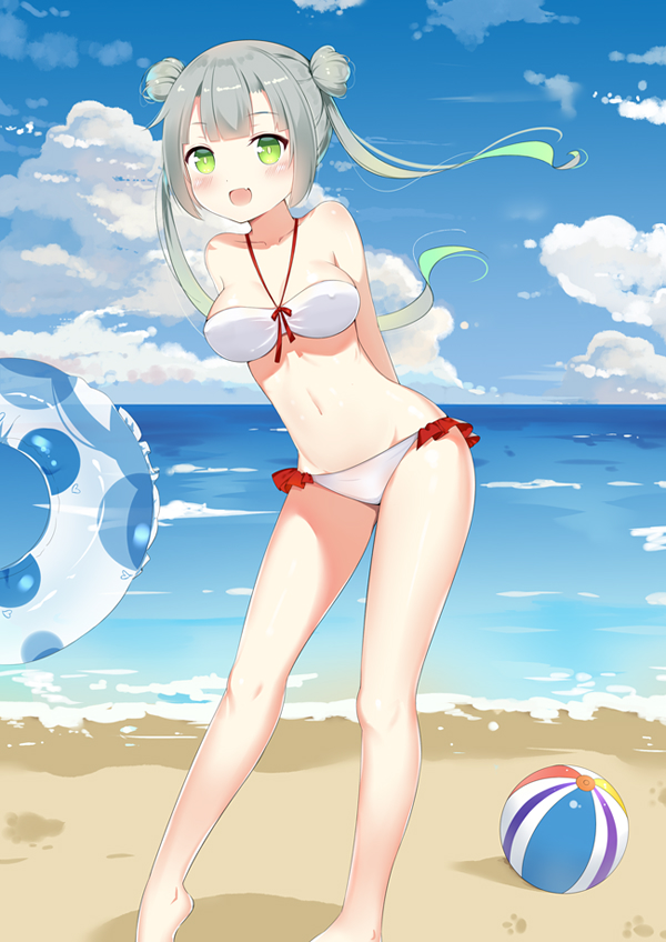 1girl :d arms_behind_back azur_lane ball barefoot beach beachball bikini blush breasts clouds day double_bun erect_nipples fang glowworm_(azur_lane) green_eyes green_hair innertube leaning_to_the_side linhe_de_chuangzi long_hair looking_at_viewer medium_breasts ocean open_mouth sky smile solo standing swimsuit twintails wind