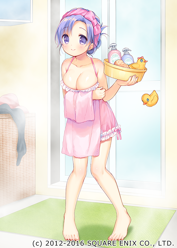 1girl bangs bare_arms bare_legs bare_shoulders bathroom blush breasts cleavage closed_mouth clothes_removed collarbone commentary_request eyebrows fingernails frilled_negligee frills full_body knees_together_feet_apart large_breasts laundry_basket lingerie long_hair looking_at_viewer million_arthur_(series) negligee pink_towel purple_hair rubber_duck see-through see-through_silhouette shampoo_bottle sliding_doors smile solo sponge standing steam tiptoes toenails towel towel_on_head underwear usashiro_mani violet_eyes washpan