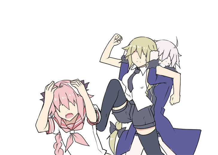 1boy 2girls ahoge black_bow black_legwear blonde_hair bow casual clenched_hands cowering fate/apocrypha fate/grand_order fate_(series) grey_hair hair_bow jeanne_alter kenuu_(kenny) long_hair multiple_girls necktie no_eyes open_mouth pink_hair restrained rider_of_black ruler_(fate/apocrypha) shirt short_sleeves shorts sleeveless sleeveless_shirt sweat thigh-highs trap white_background white_shirt