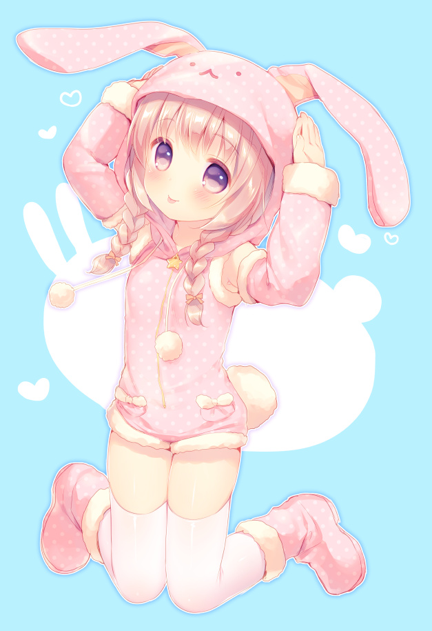 1girl :p animal_ears animal_hood arms_up bangs blush boots braid bunny_hood bunny_tail closed_mouth commentary_request detached_sleeves eyebrows_visible_through_hair fingernails full_body fur-trimmed_sleeves fur_trim hair_over_shoulder head_tilt heart hood hood_up looking_at_viewer low_twintails onesie original pink_eyes pink_footwear pink_hair pink_hoodie pocket polka_dot_footwear polka_dot_hoodie polka_dot_sleeves rabbit_ears smile solo star tail tareme thigh-highs tongue tongue_out twin_braids twintails usashiro_mani white_legwear