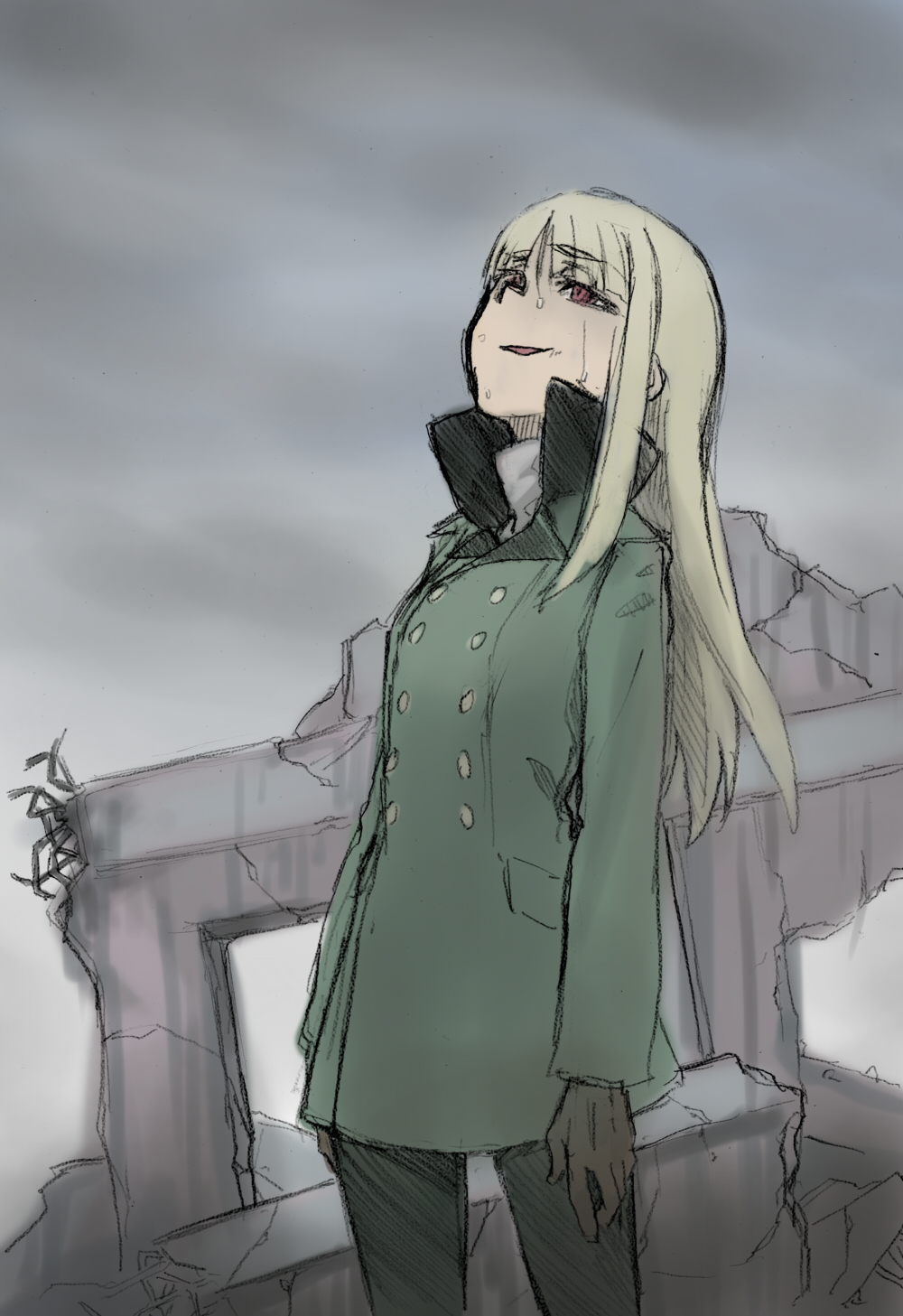 1girl arms_at_sides bangs blonde_hair blunt_bangs breasts brown_gloves buttons clouds cloudy_sky coat cowboy_shot crack day empty_eyes eyebrows_visible_through_hair facing_away gloves green_coat green_legwear grete_m_gollob highres long_hair long_sleeves looking_away looking_up military military_uniform nose open_mouth outdoors overcast pantyhose popped_collar red_eyes ruins shiratama_(hockey) sidelocks sky small_breasts smile solo standing straight_hair thick_eyebrows turtleneck uniform world_witches_series