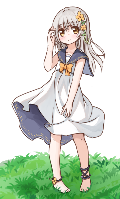 1girl arm_up bangs bare_arms barefoot blush bow closed_mouth dress eyebrows_visible_through_hair feet flower full_body grass grey_hair hair_between_eyes hair_flower hair_ornament head_tilt long_hair looking_at_viewer on_grass orange_bow orange_eyes original sailor_dress sleeveless sleeveless_dress solo standing white_background white_dress wind wind_lift yuuhagi_(amaretto-no-natsu)