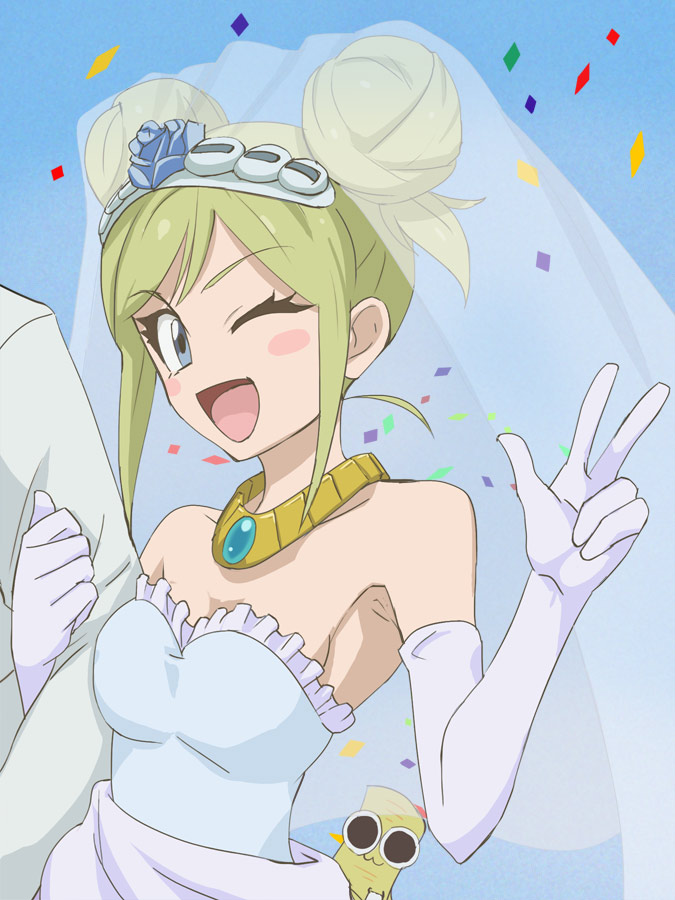 1girl ;d bare_shoulders blue_background blue_eyes blush_stickers bridal_veil bustier dress elbow_gloves gloves green_hair haruyama_kazunori heybot! jewelry looking_at_viewer necklace one_eye_closed open_mouth princess_vitae short_hair smile solo_focus v veil wedding_dress white_gloves