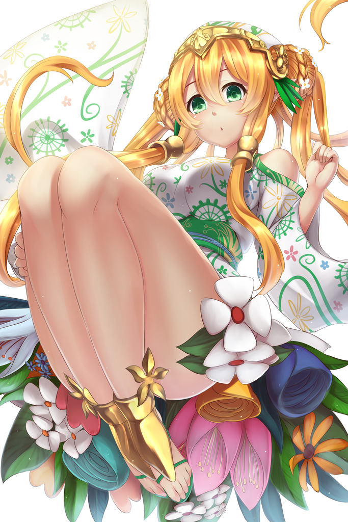 1girl bandanna bare_shoulders blonde_hair braid breasts double_bun flower freyja_(p&amp;d) full_body green_eyes gundam00uc hair_between_eyes hair_tubes headgear holding japanese_clothes kimono large_breasts legs long_hair looking_at_viewer obi open_mouth pointy_ears puzzle_&amp;_dragons sash shoulder_cutout solo twin_braids twintails very_long_hair wide_sleeves