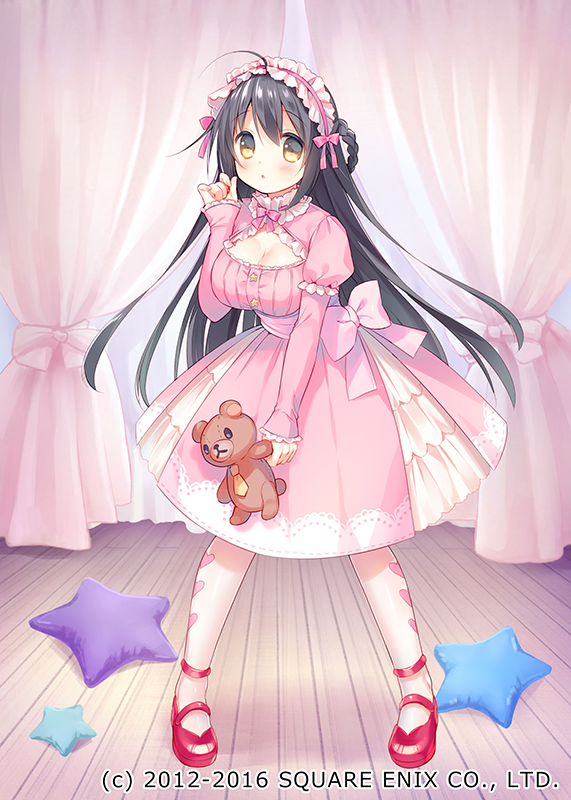 1girl :o ankle_lace-up bed black_hair blush bow braid breasts brown_eyes canopy_bed cleavage cross-laced_footwear dress full_body hairband hand_up heart heart_print holding holding_stuffed_animal indoors juliet_sleeves large_breasts legs_apart lolita_hairband long_hair long_sleeves looking_at_viewer million_arthur_(series) necktie panties parted_lips pillow pink_bow pink_dress print_legwear puffy_sleeves red_footwear shoes solo star_pillow stuffed_animal stuffed_toy teddy_bear underwear usashiro_mani very_long_hair white_legwear wooden_floor yellow_neckwear