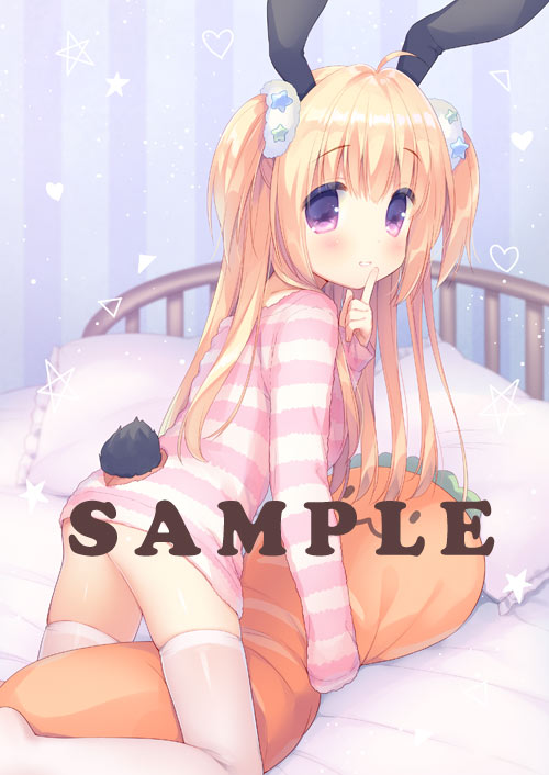 1girl :3 all_fours animal_ears bangs bed blonde_hair blush bunny_girl bunny_tail carrot_pillow commentary_request eyebrows_visible_through_hair finger_to_mouth frilled_pillow frills from_behind hair_between_eyes hair_ornament hair_scrunchie heart long_hair looking_at_viewer looking_back no_pants on_bed original parted_lips pillow rabbit_ears sample scrunchie shushing solo star striped striped_sweater sweater tail thigh-highs two_side_up usashiro_mani vertical-striped_background vertical_stripes very_long_hair violet_eyes white_legwear white_scrunchie