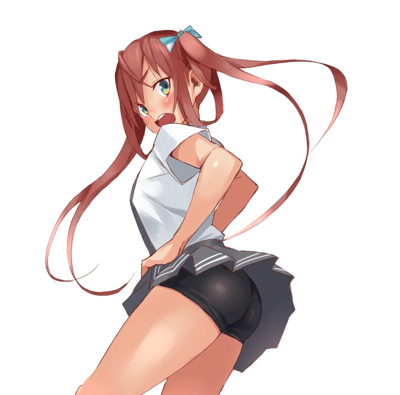 1girl asagumo_(kantai_collection) ass black_panties blush from_side fumikiri green_eyes grey_skirt hair_tie hands_on_hips kantai_collection long_hair looking_at_viewer open_mouth panties pantyshot pantyshot_(standing) pleated_skirt redhead shirt short_sleeves simple_background skindentation skirt solo standing thigh-highs twintails underwear upper_body very_long_hair white_background white_shirt