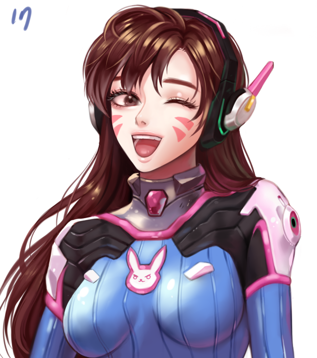 1girl animal_print bangs blcackup blue_bodysuit bodysuit breasts brown_eyes brown_hair bunny_print d.va_(overwatch) facepaint facial_mark headphones high_collar long_hair looking_at_viewer medium_breasts one_eye_closed open_mouth overwatch pilot_suit pink_lips portrait ribbed_bodysuit shoulder_pads simple_background skin_tight smile solo swept_bangs upper_teeth whisker_markings white_background