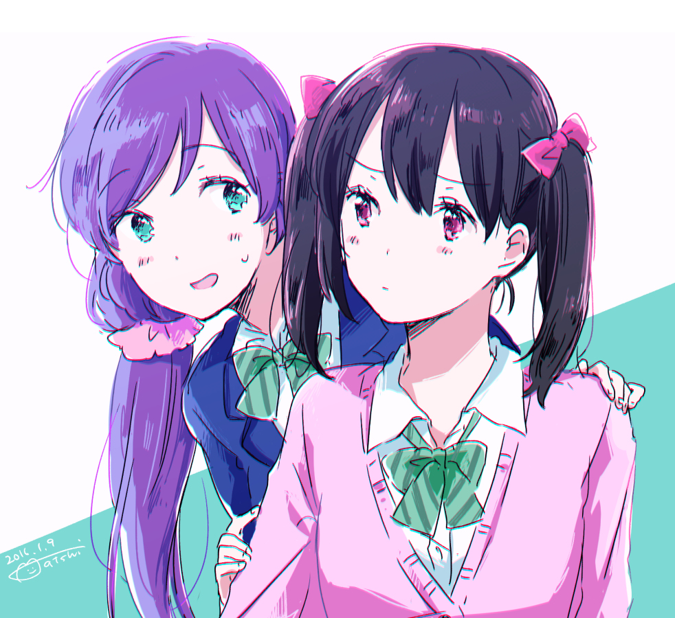 2girls green_eyes love_live! love_live!_school_idol_project matsuri_(artist) multiple_girls purple_hair red_eyes toujou_nozomi yazawa_nico