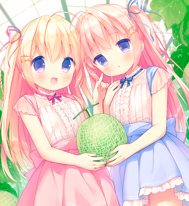 2girls :d :o ahoge bangs bare_arms blonde_hair blue_ribbon blue_skirt blush bow cantaloupe commentary_request day dutch_angle eyebrows_visible_through_hair fang food frilled_shirt frilled_shirt_collar frilled_skirt frills fruit greenhouse hair_between_eyes hair_bow hair_ornament hair_ribbon hairpin hand_on_own_chest holding holding_fruit indoors jitome long_hair looking_at_viewer multiple_girls one_side_up open_mouth orange_bow original parted_lips pink_hair pink_ribbon pink_skirt pointing ribbon see-through shirt short_sleeves sidelocks skirt smile tareme usashiro_mani very_long_hair violet_eyes white_shirt