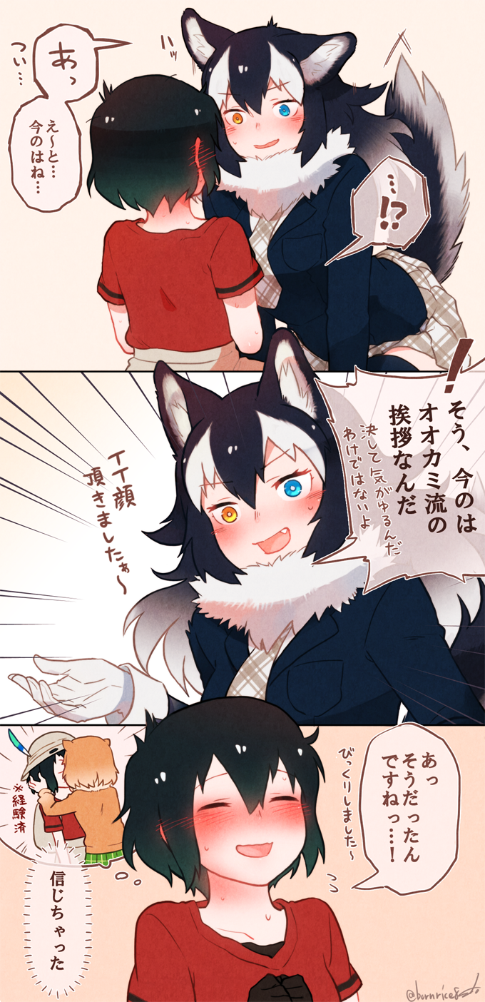 !? &gt;:d 3girls :d ahoge animal_ears artist_name backpack bag black-tailed_prairie_dog_(kemono_friends) black_gloves black_hair black_legwear blue_eyes blush breast_pocket closed_eyes comic emphasis_lines fang fur_collar gloves gradient_hair grey_gloves grey_wolf_(kemono_friends) hair_between_eyes hat hat_feather heterochromia highres kaban_(kemono_friends) kemono_friends long_hair long_sleeves multicolored_hair multiple_girls necktie open_mouth own_hands_together plaid plaid_neckwear plaid_skirt pleated_skirt pocket prairie_dog_ears red_shirt seto_(harunadragon) shirt short_hair short_sleeves signature skirt smile speech_bubble spoken_person sweatdrop tail thought_bubble twitter_username white_hair wolf_ears wolf_tail yellow_eyes