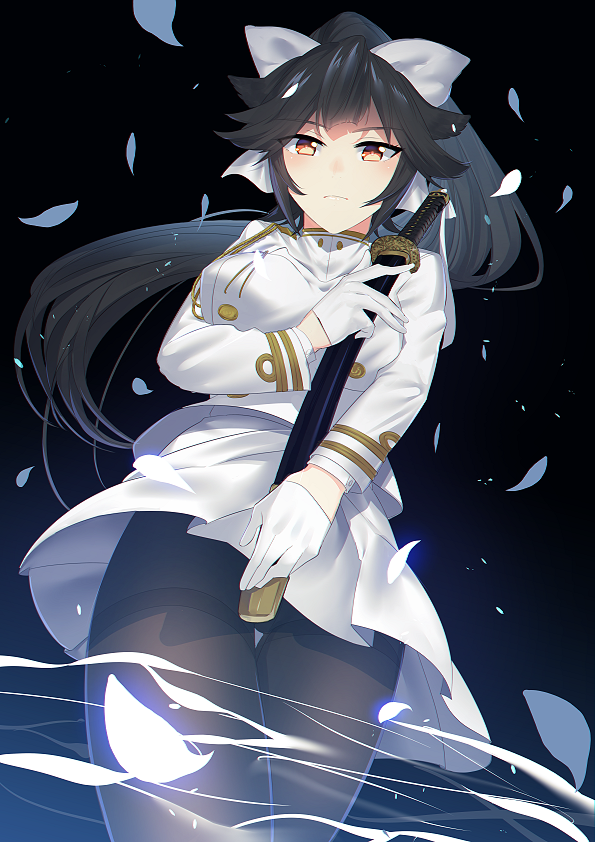 1girl azur_lane bangs black_hair black_legwear bow breasts brown_eyes commentary_request gloves hair_bow katana large_breasts long_hair looking_at_viewer military military_uniform pantyhose ponytail slee solo sword takao_(azur_lane) thigh-highs uniform very_long_hair weapon white_gloves