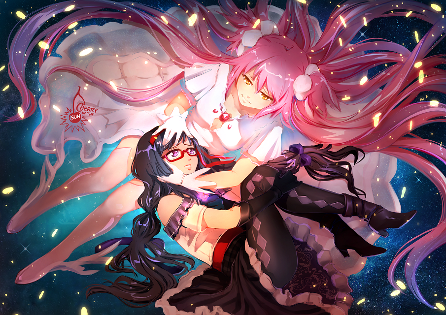 akemi_homura argyle argyle_legwear black_hair boots cherry_in_the_sun gloves goddess_madoka kaname_madoka long_hair lying magical_girl mahou_shoujo_madoka_magica on_side pantyhose pink_hair red-framed_eyewear semi-rimless_eyewear thigh-highs violet_eyes white_gloves white_legwear yellow_eyes yuri