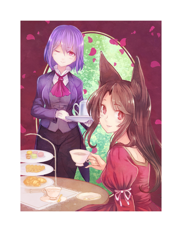 2girls alternate_costume animal_ears ascot brown_hair butler chocolate cup door dress female_butler food frame head_tilt holding holding_cup imaizumi_kagerou juliet_sleeves long_sleeves looking_at_viewer macaron multiple_girls nagae_iku one_eye_closed pants petals pinky_out puffy_sleeves purple_hair red_dress red_eyes ribbon rose_petals sitting smile teacup terajin tiered_tray touhou tray white_ribbon wolf_ears
