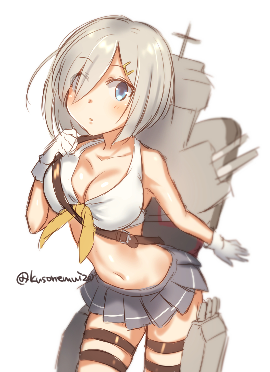 1girl bare_shoulders belt blue_eyes breasts cleavage collarbone eyes_visible_through_hair gloves hair_ornament hair_over_one_eye hairclip hamakaze_(kantai_collection) highres kantai_collection large_breasts looking_at_viewer mika_(1020mk) miniskirt navel neckerchief pleated_skirt short_hair silver_hair skirt solo twitter_username white_gloves