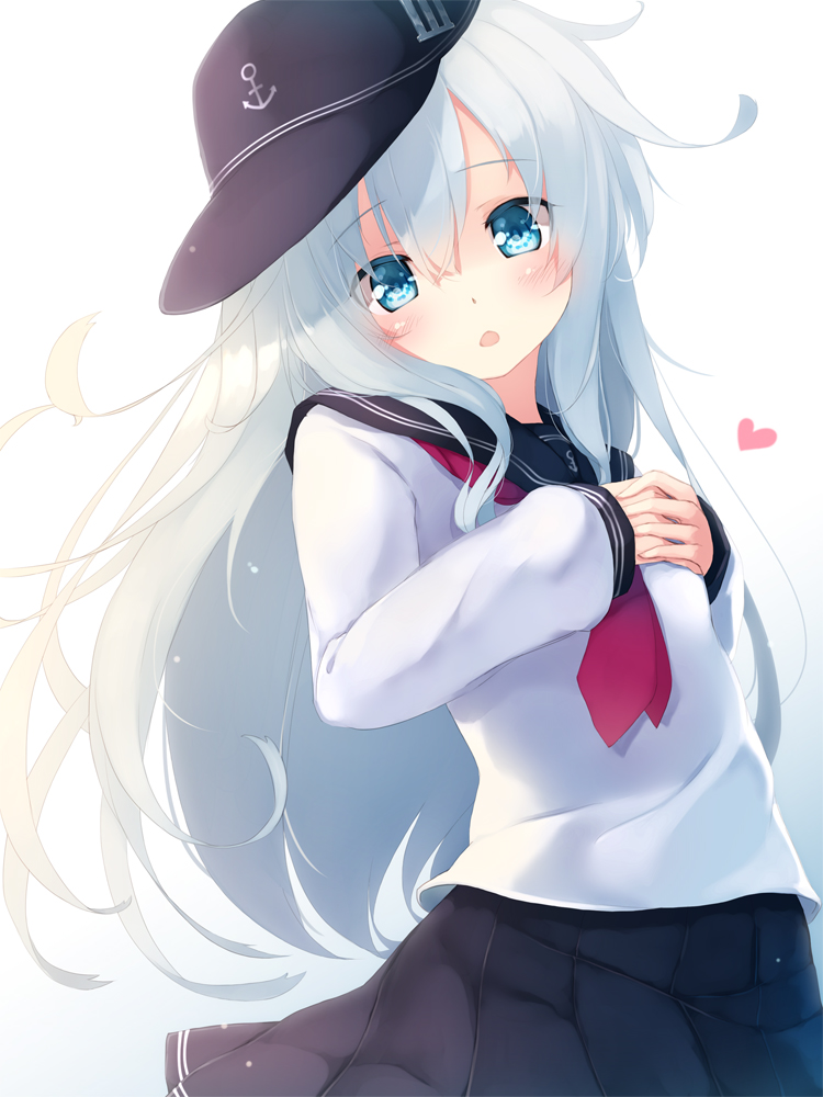 1girl :o anchor_symbol bangs black_hat black_skirt blush eyebrows_visible_through_hair gengetsu_chihiro gradient gradient_background hands_on_own_chest hat heart hibiki_(kantai_collection) kantai_collection long_hair long_sleeves looking_at_viewer neckerchief open_mouth own_hands_together pleated_skirt red_neckwear school_uniform serafuku shirt skirt sleeves_past_wrists solo tareme upper_body very_long_hair white_background white_shirt