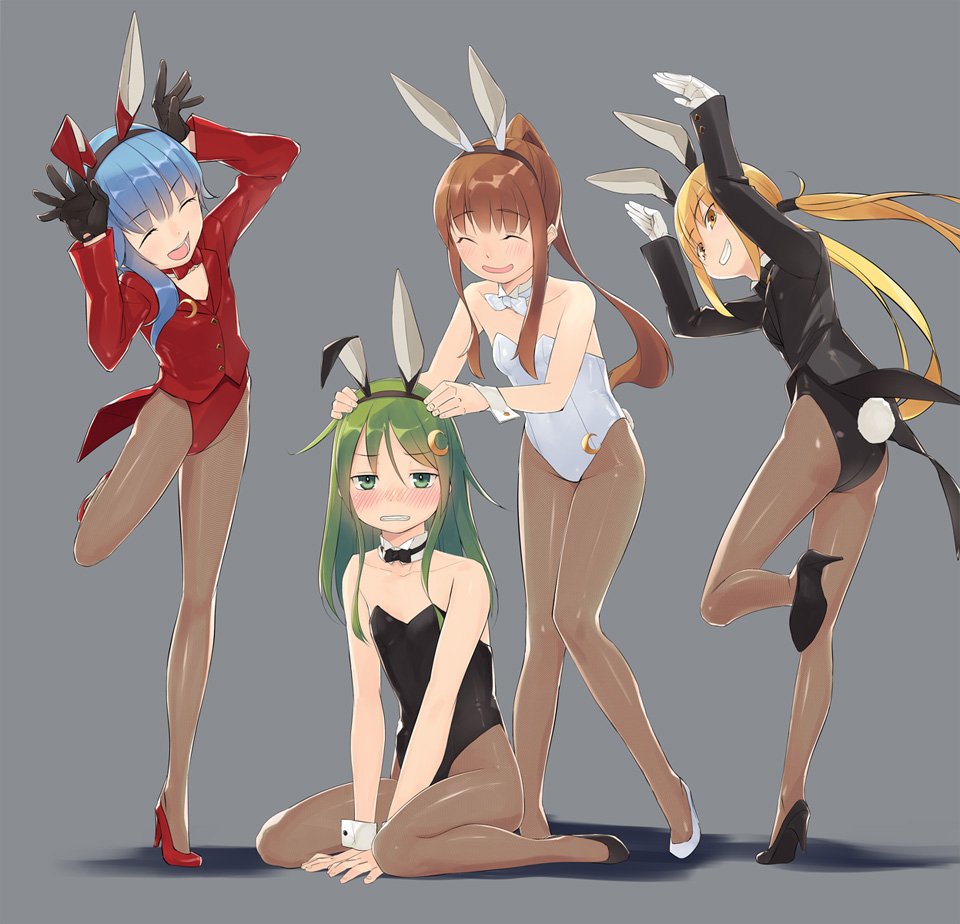 4girls ^_^ ^o^ animal_ears asymmetrical_hair black_gloves black_leotard blonde_hair blue_hair blush brown_hair brown_legwear bunny_pose bunny_tail closed_eyes crescent crescent_hair_ornament crescent_moon_pin fake_animal_ears fumizuki_(kantai_collection) gahaku gloves green_eyes green_hair grey_background grin hair_ornament kantai_collection leotard long_hair long_sleeves low_twintails minazuki_(kantai_collection) multiple_girls nagatsuki_(kantai_collection) open_mouth pantyhose ponytail rabbit_ears satsuki_(kantai_collection) shadow short_hair simple_background smile tail twintails white_gloves white_leotard yellow_eyes