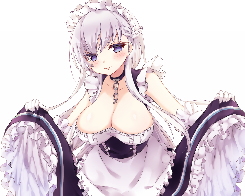 1girl azur_lane bangs belfast_(azur_lane) blue_eyes blush braid breasts chains cleavage collar collarbone commentary_request eyebrows_visible_through_hair gloves kida_mochi large_breasts long_hair looking_at_viewer maid maid_headdress silver_hair smile solo