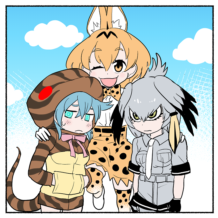 3girls ;d animal_ears awkward bangs belt bird_wings black_belt black_gloves black_hair blonde_hair blue_eyes blue_hair blue_sky blush border bow bowtie breasts bright_pupils closed_mouth clouds commentary_request cowboy_shot day dot_nose eyebrows eyebrows_visible_through_hair eyelashes facing_another feathered_wings flat_color frown gloves green_eyes grey_belt grey_hair grey_legwear hair_between_eyes hand_on_another's_shoulder hands_in_pockets head_wings high-waist_skirt hood hood_up hoodie kemono_friends leg_up legs_apart long_hair long_sleeves looking_at_viewer looking_away medium_breasts miniskirt multicolored multicolored_clothes multicolored_hair multicolored_legwear multiple_girls nattou_mazeo necktie one_eye_closed open_mouth orange_eyes orange_hair orange_legwear orange_skirt outdoors pink_ribbon pocket ribbon ringed_eyes serval_(kemono_friends) serval_ears serval_print shirt shoebill_(kemono_friends) shoes short_hair short_sleeves side_ponytail skirt sky smile snake_tail spots standing striped striped_clothes striped_hoodie sweat tail thigh-highs tsuchinoko_(kemono_friends) two-tone_hair unitard white_border white_footwear white_legwear white_neckwear white_pupils white_shirt wings yellow_bow yellow_neckwear zettai_ryouiki