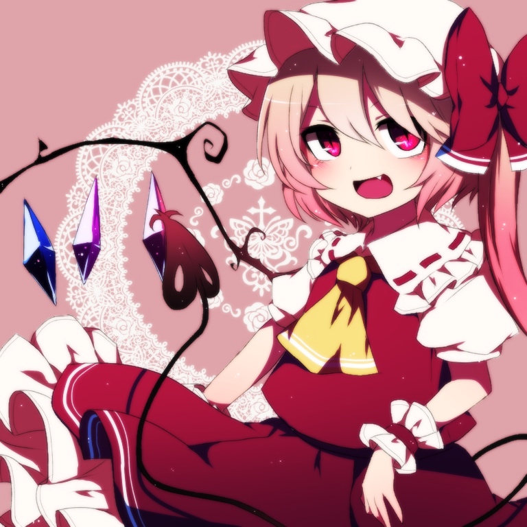 &gt;:d 1girl :d ascot blonde_hair blush bow crystal fang flandre_scarlet frilled_shirt_collar frilled_skirt frills gradient_hair hair_bow hat laevatein long_hair mob_cap multicolored_hair open_mouth petticoat pink_background pink_eyes pink_hair puffy_short_sleeves puffy_sleeves red_bow red_skirt red_vest short_sleeves side_ponytail skirt smile solo touhou upper_body vest white_hat wings wrist_cuffs yellow_neckwear you_(noanoamoemoe)