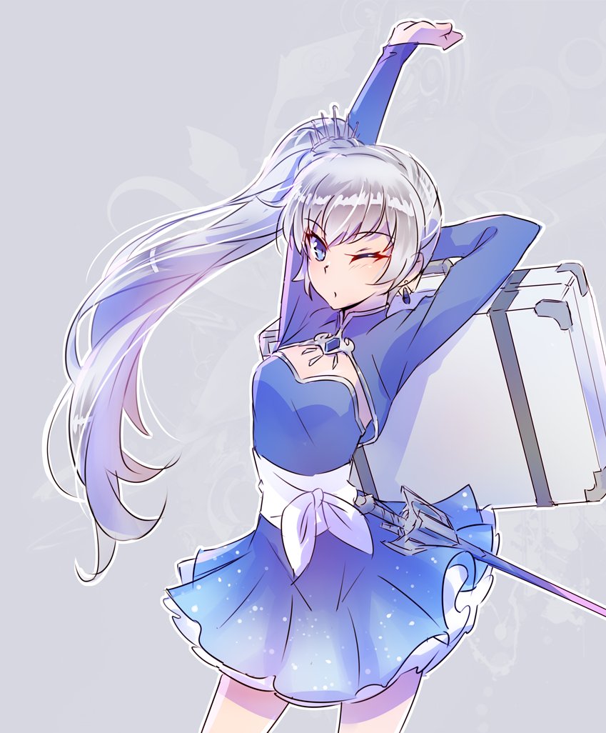 1girl blue_dress blue_eyes dress earrings hair_ornament iesupa jewelry myrtenaster one_eye_closed ponytail rapier rwby solo suitcase sword weapon weiss_schnee white_hair