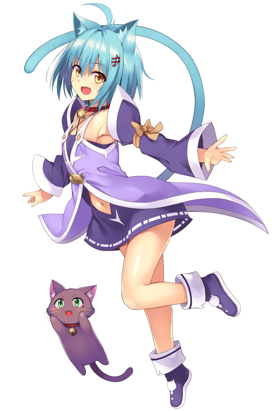 &gt;:3 &gt;:d 1girl :3 :d alternate_hair_length alternate_hairstyle animal animal_ears antenna_hair arm_ribbon armpit_peek bangs bell bell_collar blue_hair cat cat_ears cat_tail collar collarbone commentary_request criss-cross_halter detached_sleeves dress eyebrows_visible_through_hair fang flat_chest full_body green_eyes hair_between_eyes halterneck highres jingle_bell jumping kemonomimi_mode leg_up long_sleeves looking_at_viewer looking_to_the_side mahcdai mole mole_under_eye musical_note musical_note_hair_ornament navel navel_cutout open_mouth orange_ribbon original outstretched_hand planol_note purple_dress purple_footwear purple_shirt quaver red_collar ribbon scar_on_cheek shiny shiny_hair shiny_skin shirt short_dress short_hair simple_background sleeveless sleeveless_dress smile staff_(music) tail white_background yellow_eyes