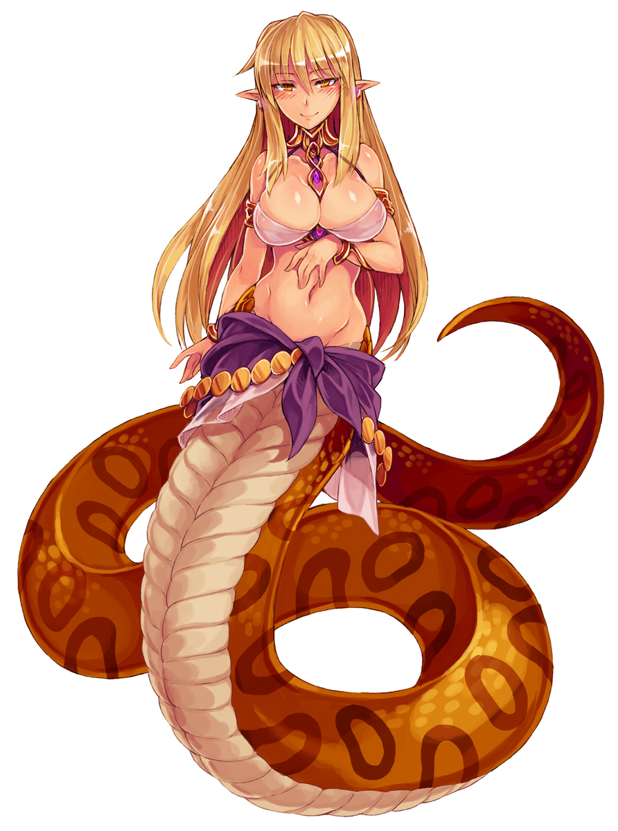 1girl blonde_hair blush bracelet breasts chains choker cleavage earrings highres jewelry kenkou_cross lamia lamia_(monster_girl_encyclopedia) large_breasts long_hair looking_at_viewer midriff monster_girl monster_girl_encyclopedia official_art pointy_ears scales slit_pupils snake solo tail yellow_eyes